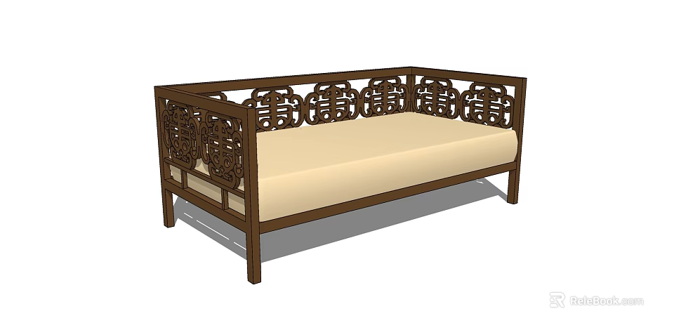 Carved Wooden Bench With Intricate Backrest Patterns And Beige Upholstered Seat 3d model 