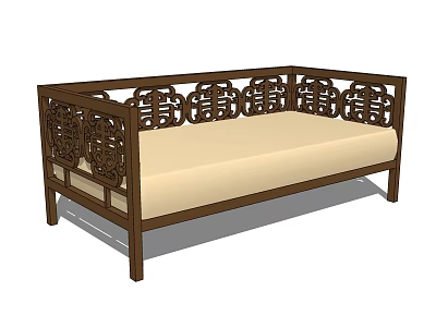 Carved Wooden Bench With Intricate Backrest Patterns And Beige Upholstered Seat 3d model