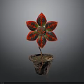 Red and Green Leafy Plant with Flower Shaped Leaves in Rustic Rusty Clay Pot