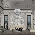 Elegant Living Room With Ornate Ceiling White Chandelier Decorative Mural Plush Sofa Fireplace and Windows