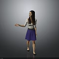 Woman With Long Hair In White Top And Purple Skirt Extending Hand On Gray Background