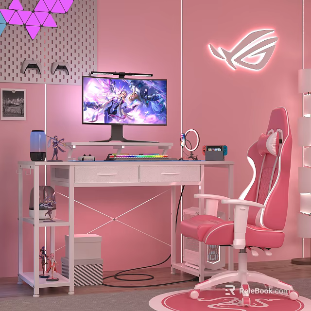 Pink Gaming Room Setup With White Desk Computer Neon Lights And Chair 3d model 