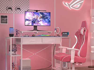Pink Gaming Room Setup With White Desk Computer Neon Lights And Chair 3d model