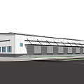 Modern Industrial Warehouse Exterior With Sloped Metal Roof Parking Area And Surrounding Greenery