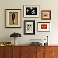 Framed Abstract Paintings on Wall with Various Designs and Interior Elements Table Lamp Record Player 3d model