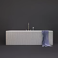 Modern White Interior Bathtub With Checkerboard Tile Design And Blue Towel