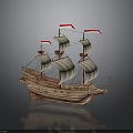 Vintage Wooden Sailboat Model With White Sails And Red Flags On