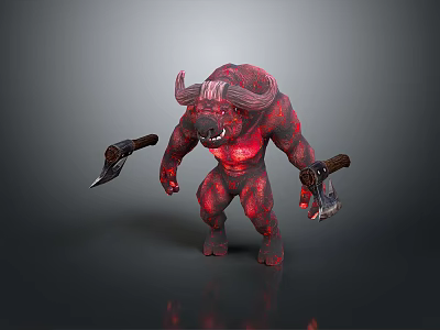Red Horned Demon Creature Character With Glowing Skin And Dual Axes 3d model