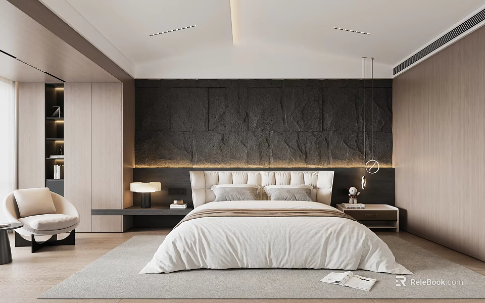 Modern Bedroom Interior Design With Dark Stone Textured Wall King Size Bed And Wooden Nightstands 3d model 
