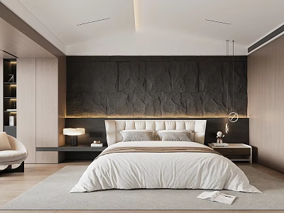 Modern Bedroom Interior Design With Dark Stone Textured Wall King Size Bed And Wooden Nightstands 3d model