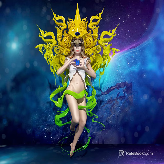 Game Movie Female Character with Yellow Headdress Green Ribbons Holding Blue Orb in Starry Space 3d model 