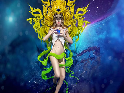 Game Movie Female Character with Yellow Headdress Green Ribbons Holding Blue Orb in Starry Space 3d model