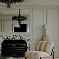 Elegant Modern Living Room Interior Design With Chandelier Blue Sofa Round Coffee Table And Fireplace