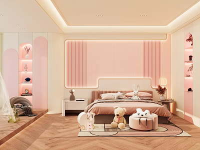 Pink Kids Room Interior Design With Soft Decor Stuffed Toys Bed And Cozy Rug 3d model