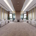 Elegant Banquet Hall Interior With White Sofas Wooden Ceiling Large Windows And Patterned Carpet 3d model