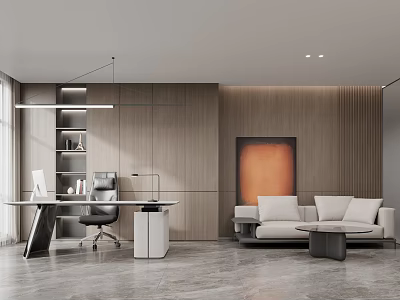 Modern Office Interior Design With Wooden Walls Desk Sofa Coffee Table And Orange Painting 3d model