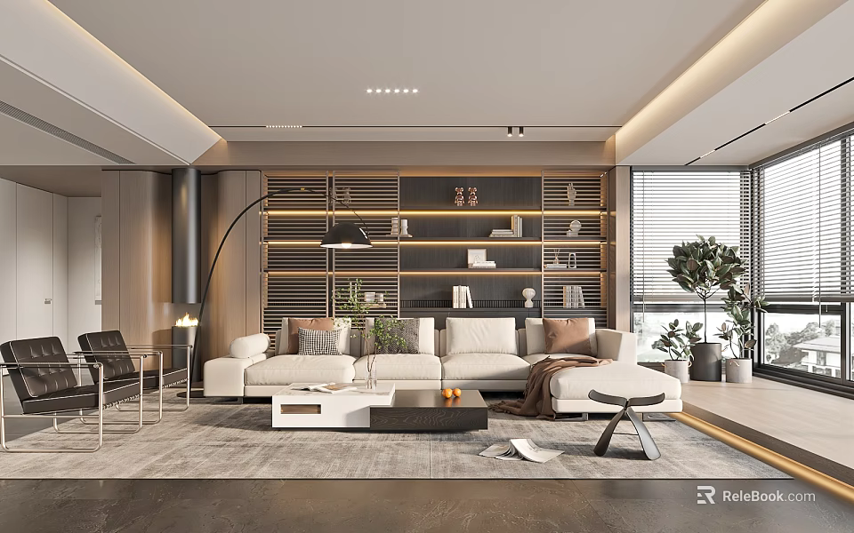 Modern Living Room Interior With White Sofa Bookshelf Floor Lamp And Plants 3d model 