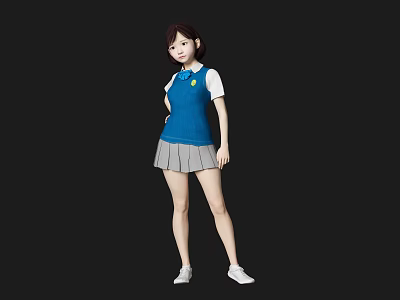 Woman in Blue Vest White Shirt Gray Pleated Skirt and White Shoes Against Black Background 3d model