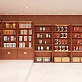 Tobacco and Liquor Store Interior with Wooden Shelves Stocked with Various Cigarettes and Alcohol Bottles