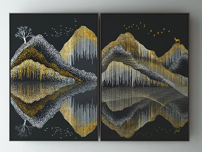 Two Panel Decorative Paintings With Gold White Mountains Tree Birds And Reflections 3d model