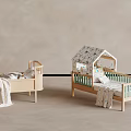 Light Wooden Children's Beds With House Shaped Canopy And Patterned Bedding