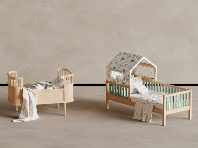 Light Wooden Children's Beds With House Shaped Canopy And Patterned Bedding 3d model