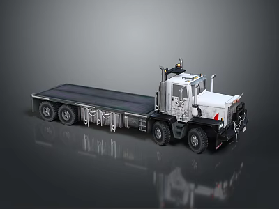 White Heavy Duty Flatbed Truck With Cab Large Tires And Loading Platform 3d model