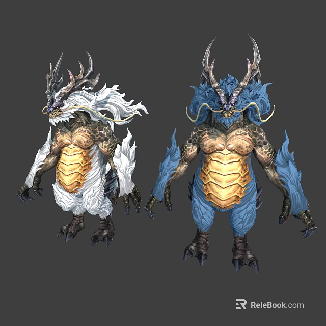 Fantasy Mythical Creature Character Designs With White Blue And Golden Dragon Features 3d model 