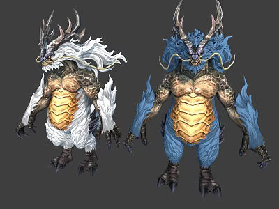 Fantasy Mythical Creature Character Designs With White Blue And Golden Dragon Features 3d model