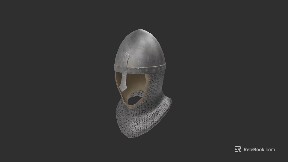 Medieval Weapon Helmet With Silver Metal Construction And Chainmail Design 3d model