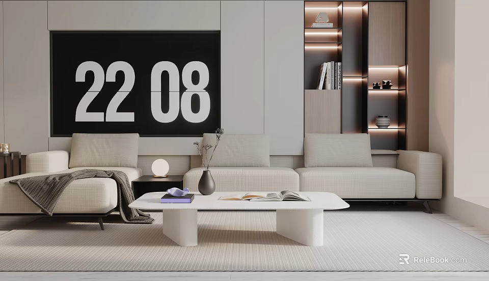 Modern Beige Three Seater Sofa In Living Room With Coffee Table And Wall Decor 3d model 