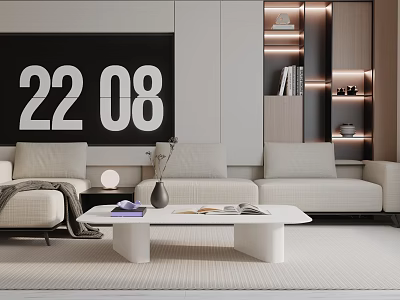 Modern Beige Three Seater Sofa In Living Room With Coffee Table And Wall Decor 3d model
