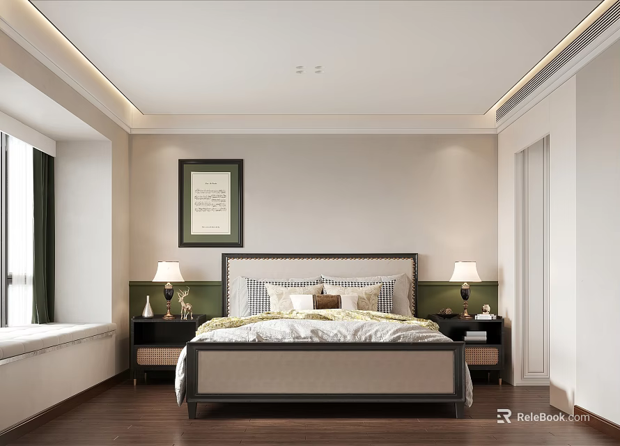 Elegant Modern Bedroom Interior With Wooden Floor Ceiling Light Strip Decorative Painting Nightstands And Lamps 3d model 