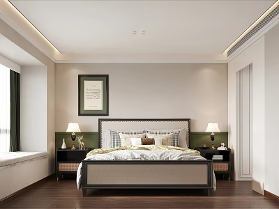 Elegant Modern Bedroom Interior With Wooden Floor Ceiling Light Strip Decorative Painting Nightstands And Lamps 3d model