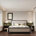 Elegant Modern Bedroom Interior With Wooden Floor Ceiling Light Strip Decorative Painting Nightstands And Lamps