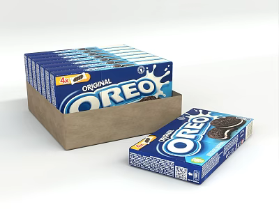 Original OREO Cookies Stack Of Packaged Boxes With Single Classic Snack Package Design 3d model