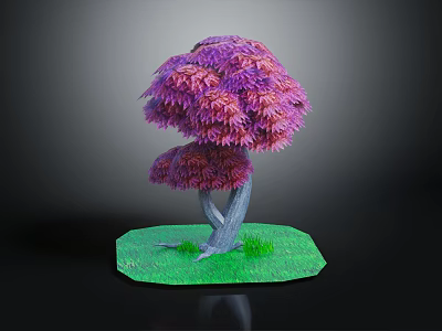 Cartoon Style Tree with Purple Pink Leaves and Twisted Gray Trunk on Green Grass Base 3d model