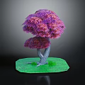 Cartoon Style Tree with Purple Pink Leaves and Twisted Gray Trunk on Green Grass Base