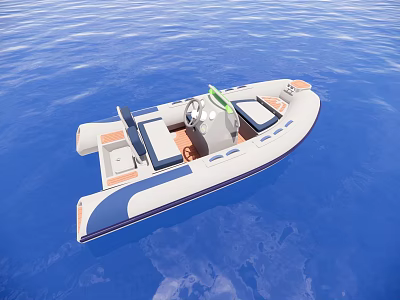 White and Blue Yacht with Open Design Seating Area and Steering Console on Blue Sea 3d model