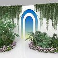 Floral Art Installation Featuring Lush Green Plants Hanging Vines Purple Flowers and White Archway Backdrop