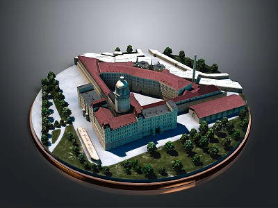 Historic Architectural Model With Symmetrical Design Red Roof Central Dome And Surrounding Trees 3d model