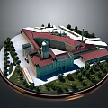 Historic Architectural Model With Symmetrical Design Red Roof Central Dome And Surrounding Trees