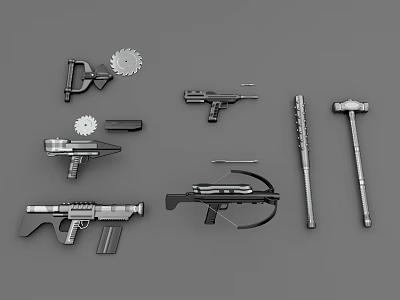 Weapon Assortment Featuring Guns Crossbow Hammer Spear Saw Blades And Metal Parts 3d model