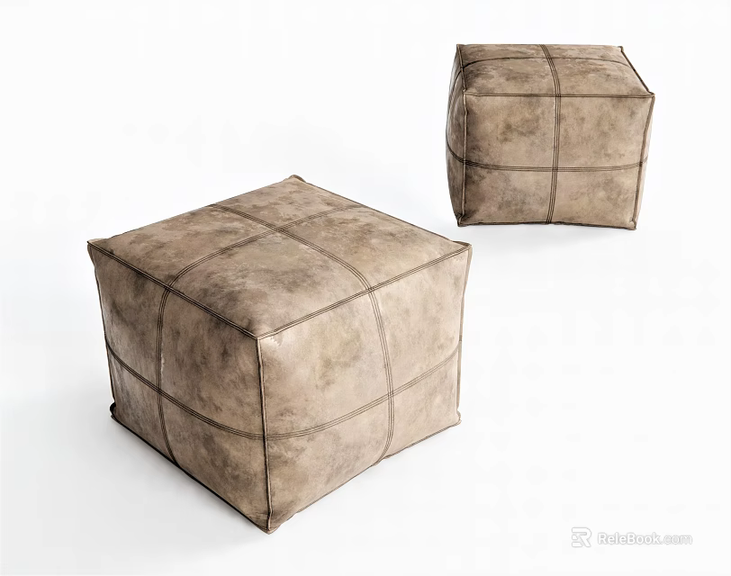 Two Square Leather Ottomans with Stitched Grid Pattern in Neutral Tone 3d model 