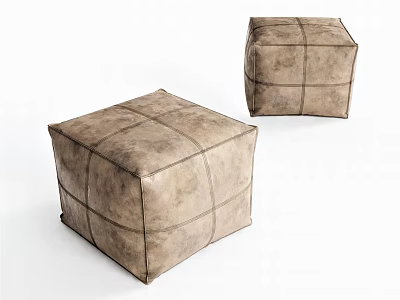 Two Square Leather Ottomans with Stitched Grid Pattern in Neutral Tone 3d model