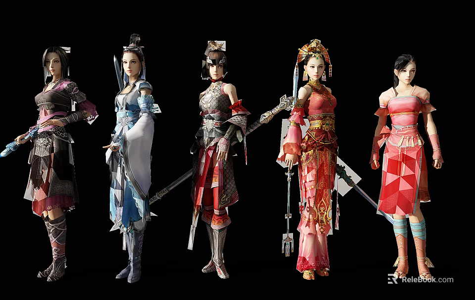 Five Female Warriors in Traditional Costumes with Mythical Creatures and Weapons 3d model 