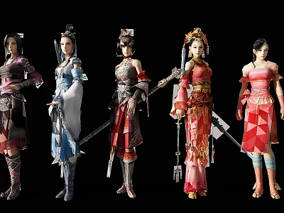 Five Female Warriors in Traditional Costumes with Mythical Creatures and Weapons 3d model