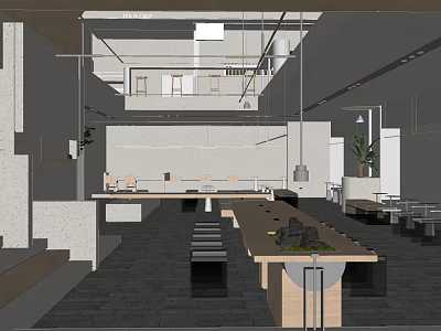 Modern Dessert Shop Interior With Open Space Long Wooden Table And Hanging Lights 3d model