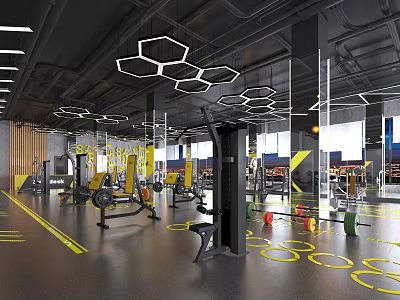 Modern Gym Interior With Fitness Equipment Hexagon Pendant Lights Black Floors Yellow Markings 3d model