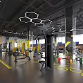 Modern Gym Interior With Fitness Equipment Hexagon Pendant Lights Black Floors Yellow Markings